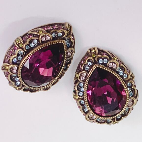 VTG Signed Heidi Daus Gold Tone Purple Rhinestone Clip On Earrings Collectible - Picture 6 of 11